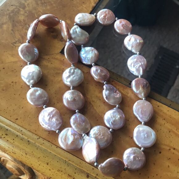 Natural Keshi Coin Pearl Sterling Silver Necklace - Picture 3 of 7